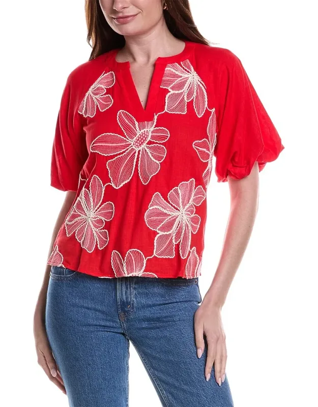 Contrast Split Neck Linen-blend Blouse