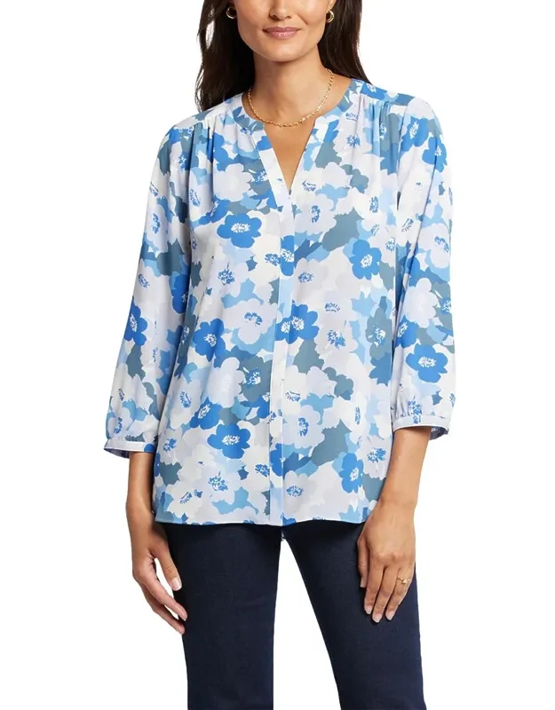 Pintuck Blouse With Billowy Sleeves And Split Round Neckline