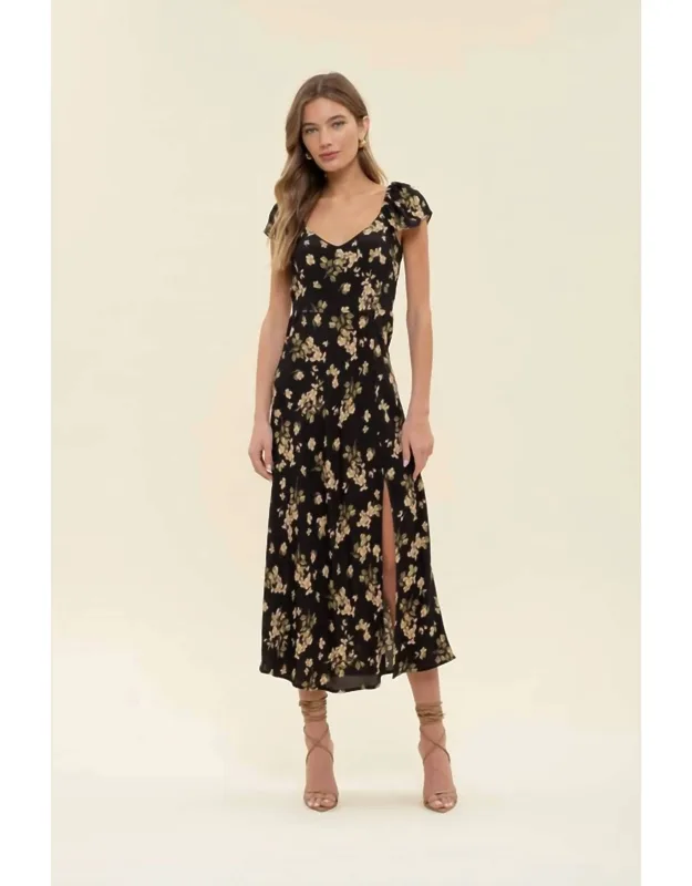 V Neck Ruffle Sleeve Side Slit Midi Dress