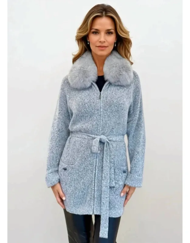 Long Zip Cardigan With Fox Fur Collar