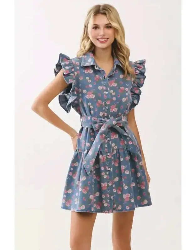 Floral Denim Ruffle Dress