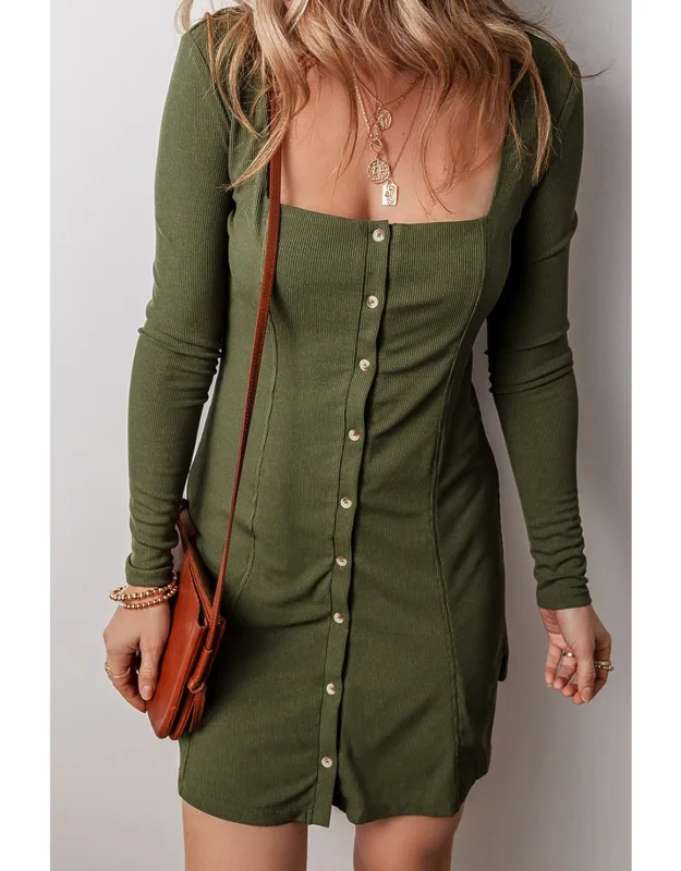Rib Knit Square Neck Buttoned Long Sleeve Mini Dress