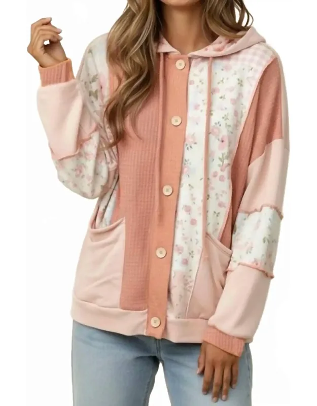 Button Waffle Hooded Cardigan