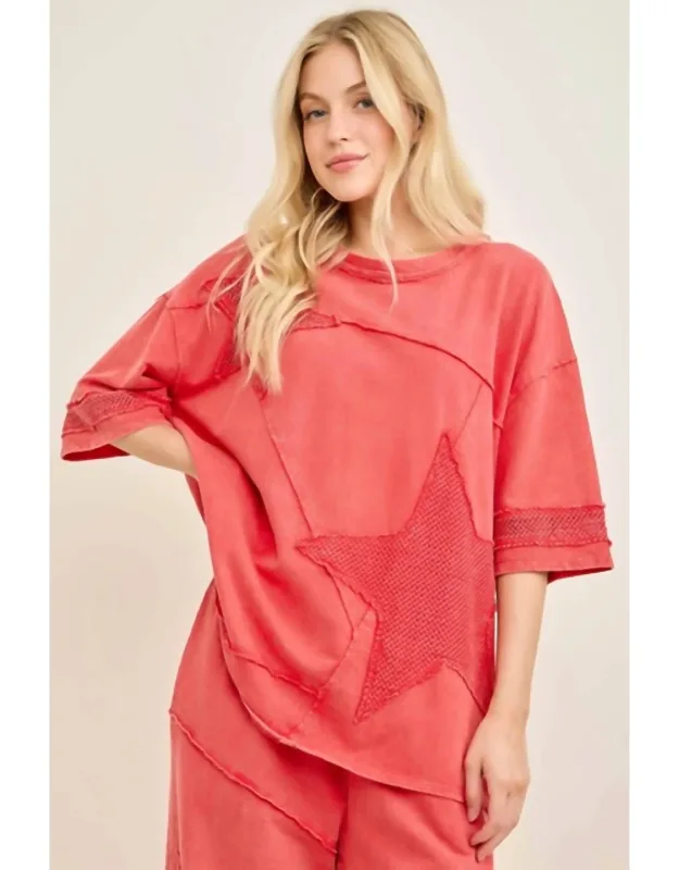 Mineral Washed Mesh Star Patched Top