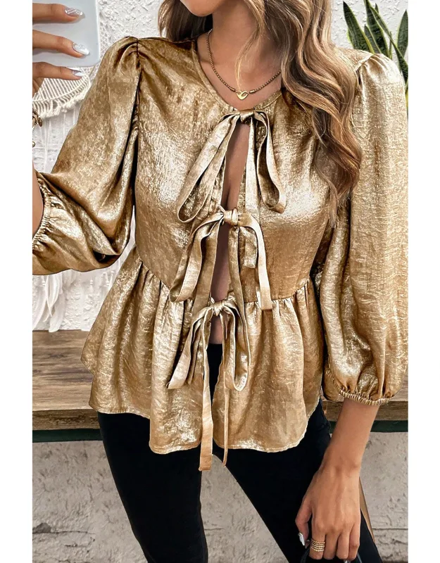 Bow Tie Front Puff Sleeve Ruffle Hem Blouse
