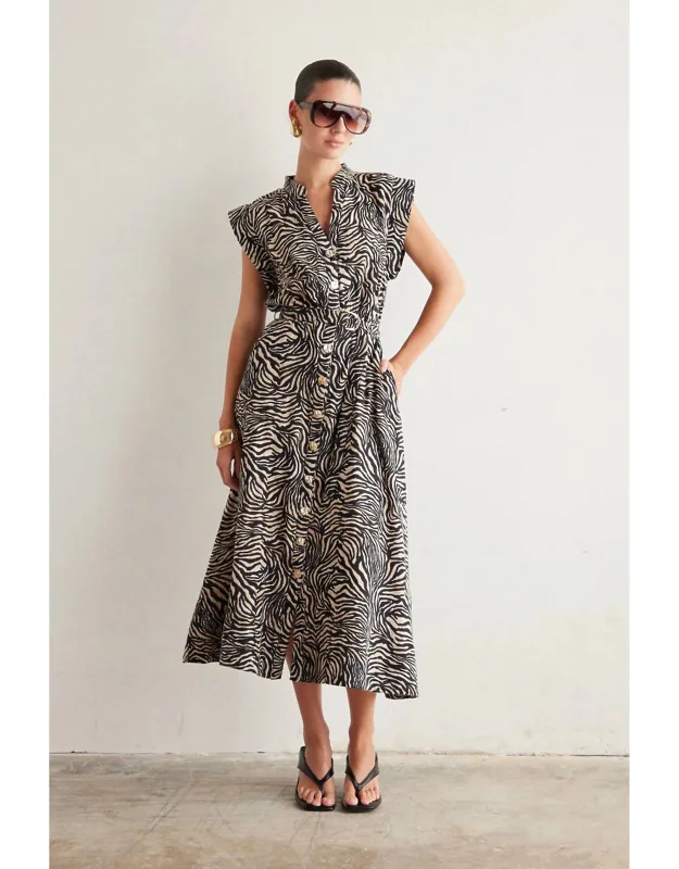 Collins Dress With Elegant Cap Sleeves And Refined Gold Button Closure