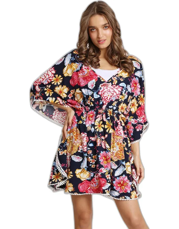 Boho Mixed Floral Print Drawstring Mini Tunic Dress