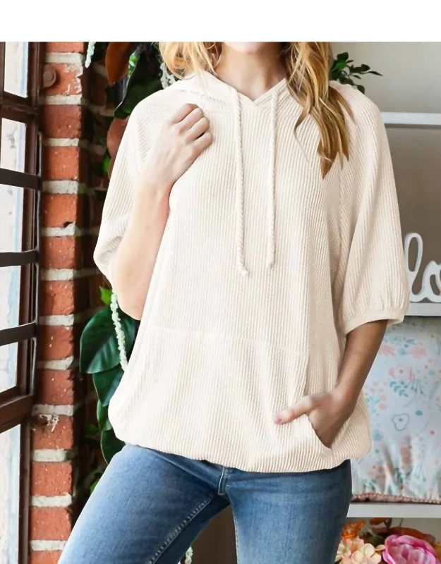 Dolman Short Puff Sleeve Ribbed Hoodie