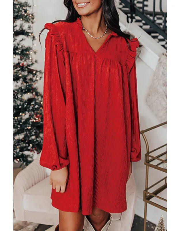 Textured Ruffled Trim V Neck Loose Fit Mini Dress