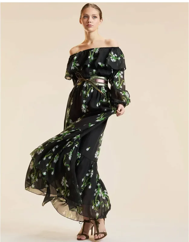 Off Shoulder Silk Maxi Dress