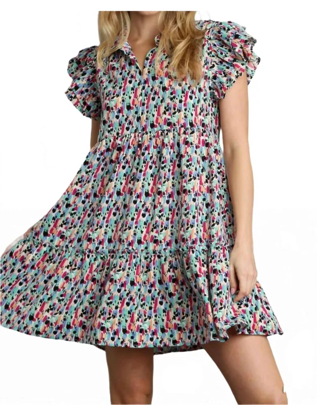 Abstract Ruffled Sleeve Tiered Short Dress