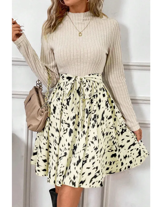 Ribbed Knit Patchwork Printed Belted A-line Dress