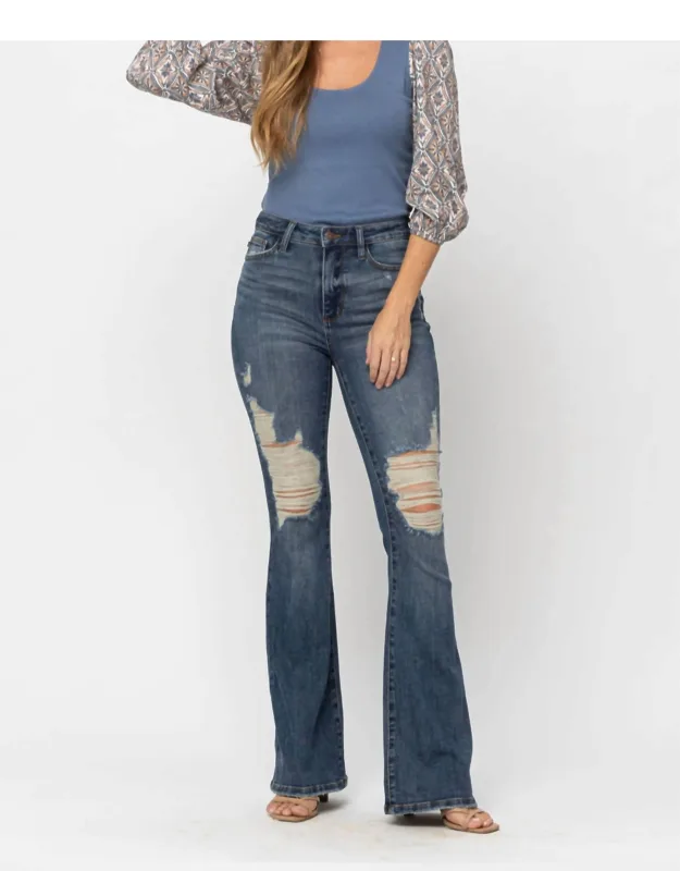 High Waist Destroyed Flare Jeans - Tall Length