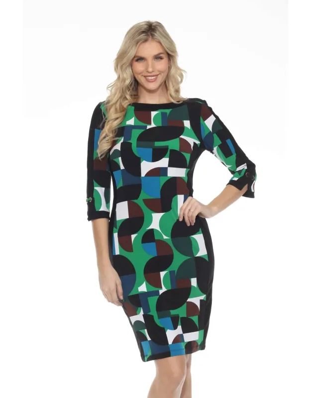 Geometric Print Boat Neck Sheath Dress
