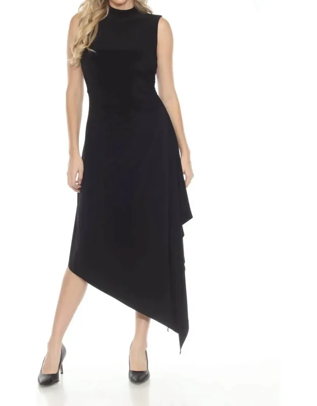 Turtleneck Ruched Asymmetric Midi Dress