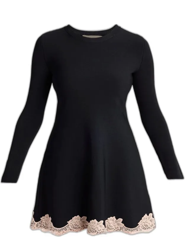 Lace-trim Long-sleeve Knit Mini Dress