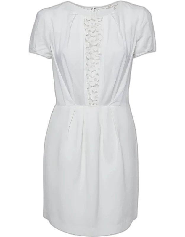 Off-white Lace Insert Crepe Short Sleeve Mini Dress