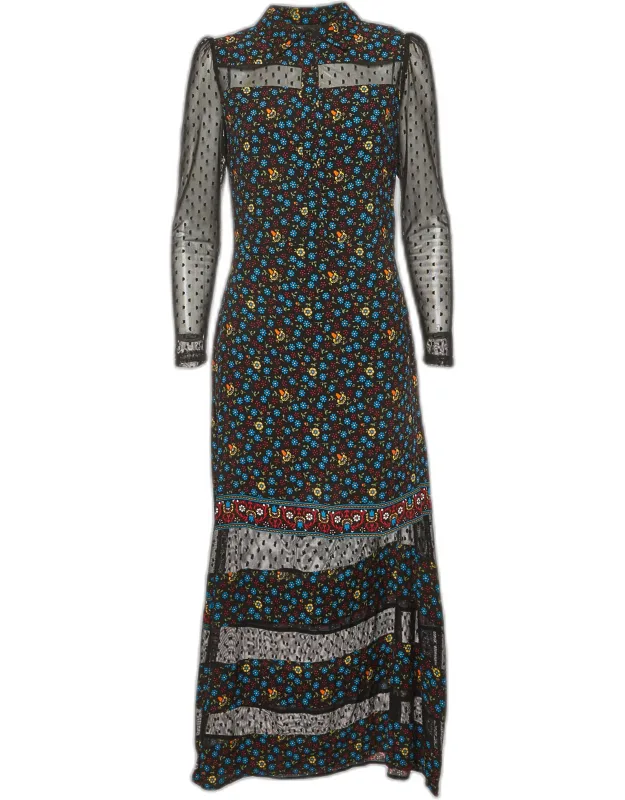 Floral Print Crepe And Mesh Maxi Dress