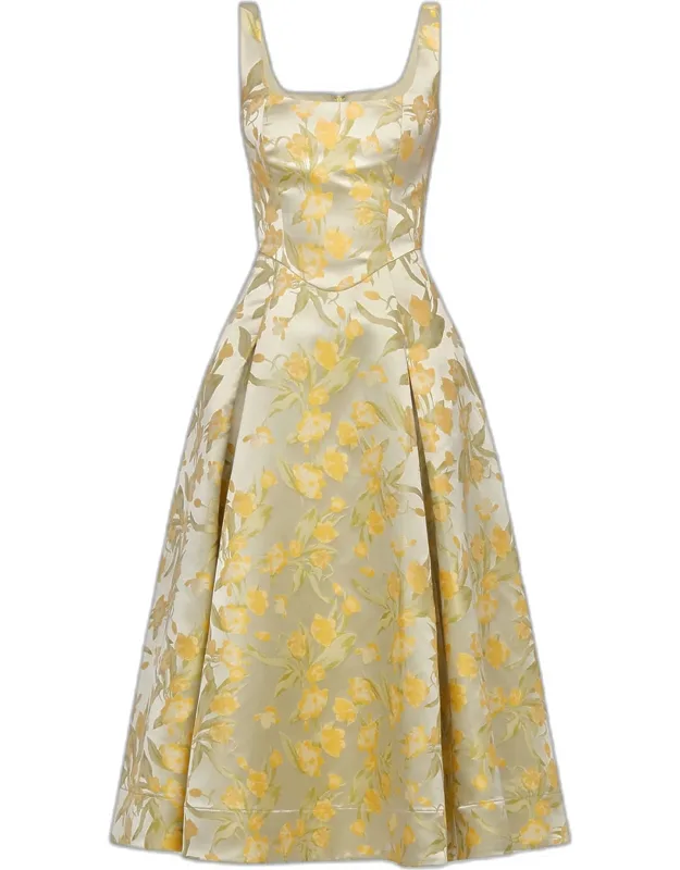 Pleated Jacquard Midi Dress