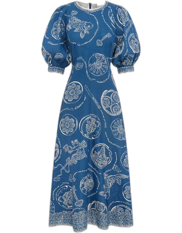 Balloon-sleeve Linen Midi Dress