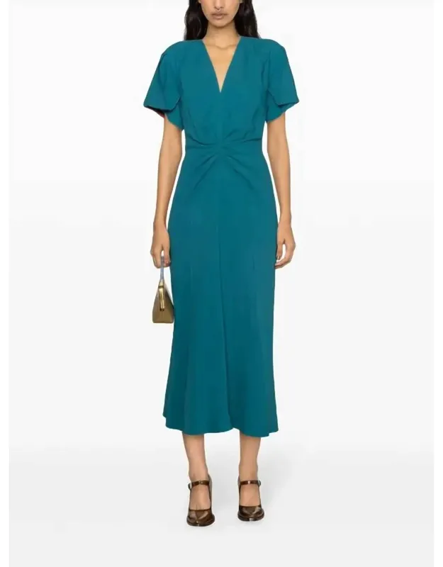 Gathered V Midi Dress