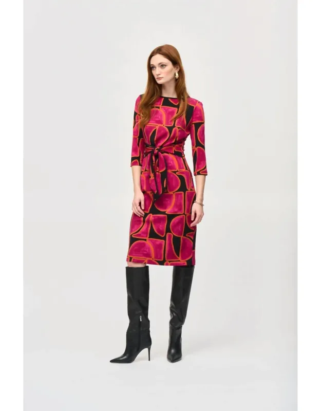 Abstract Print Waist Tie Sheath Dress