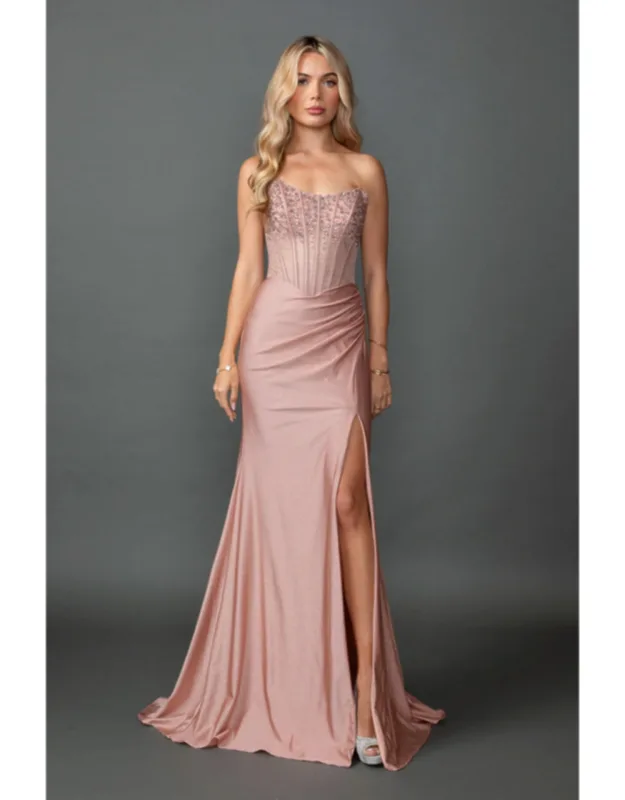 Embellished Corset Bodice Draped Satin Fitted Prom Dress With High Slit And Train