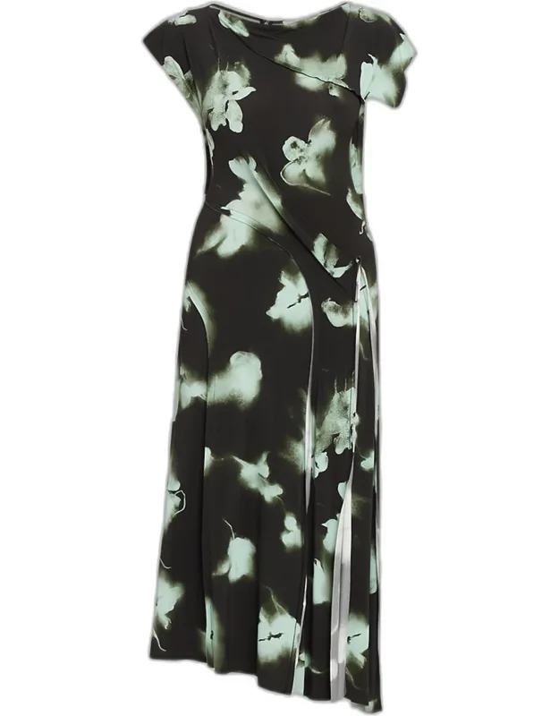 Blurred Floral Asymmetric Paneled Midi Dress