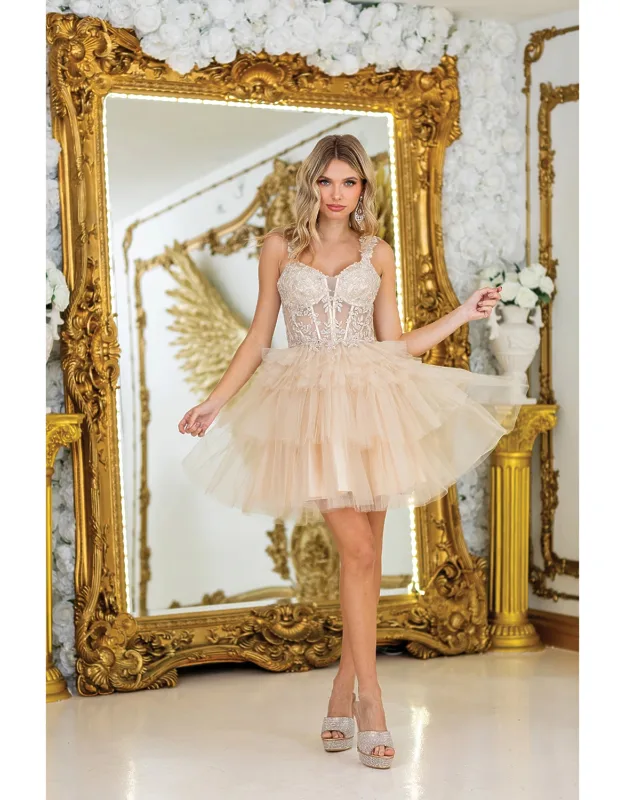 Playful Mini Homecoming Dress With Beaded Bodice And Delicate Spaghetti Straps, Featuring A Layered Tulle Skirt For A Fun And Flirty Look