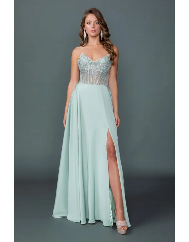 Sweetheart Neckline Illusion Corset Bodice Prom Dress With Flowing A-line Skirt And High Slit