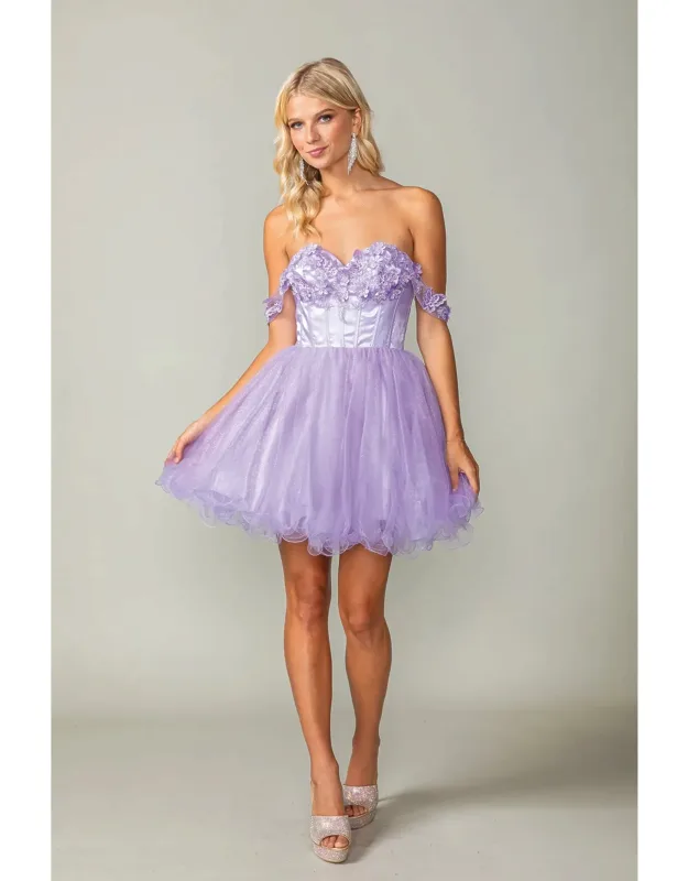 Tulle Dress With Ruffled Off-the-shoulder Sleeves And Lace-up Corset Back