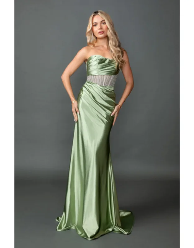 Strapless Straight Neck Satin Draped Gown With Beaded Illusion Waist And Floor-length Skirt