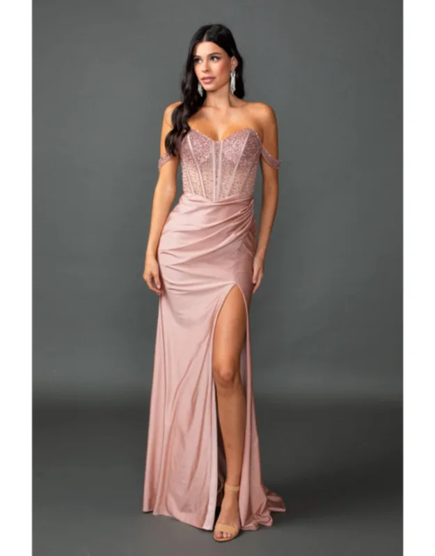 Sweetheart Off-the-shoulder Prom Dress With Embellished Corset Bodice, Draped Waistline, And High Slit Skirt