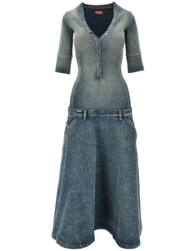 Denim And Ribbed Knit Low-rise Midi Dress