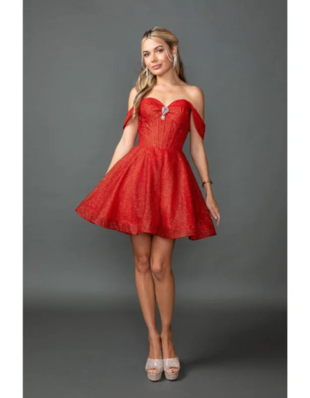 Off-the-shoulder Glitter Homecoming Dress With Sweetheart Neckline, Rhinestone Detail, And A-line Skirt
