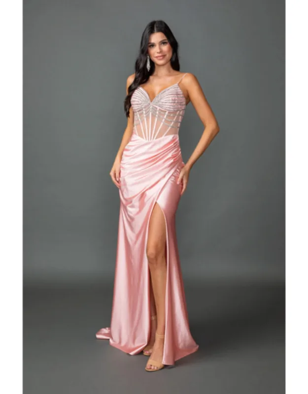 Beaded Satin Prom Dress With Sheer Corset Bodice, Spaghetti Straps, And Ruched Side Slit Skirt