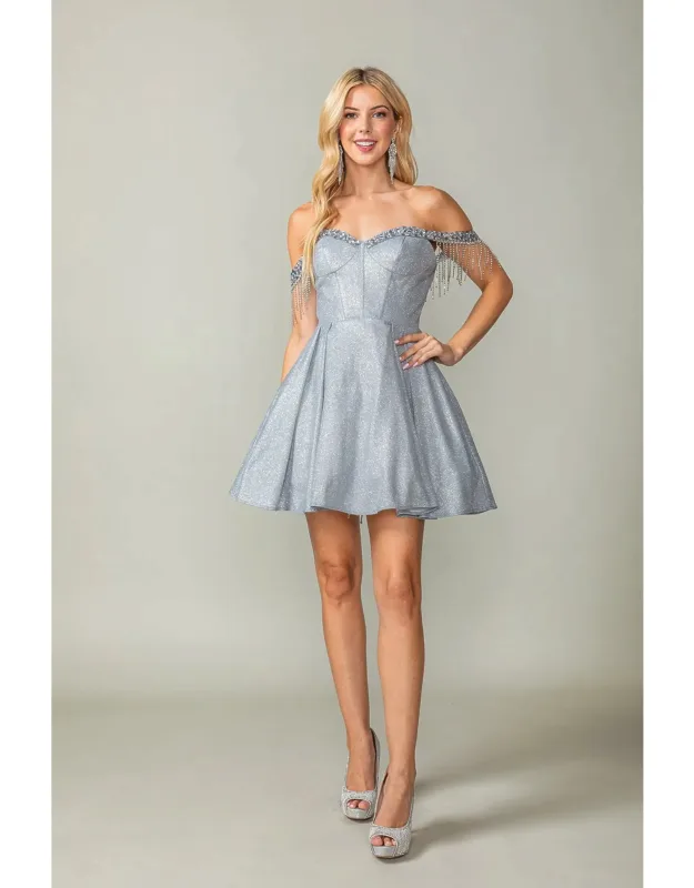 Glittered Short Dress With Off-the-shoulder Sheer Beaded Sleeves And Corset Back Homecoming Dress