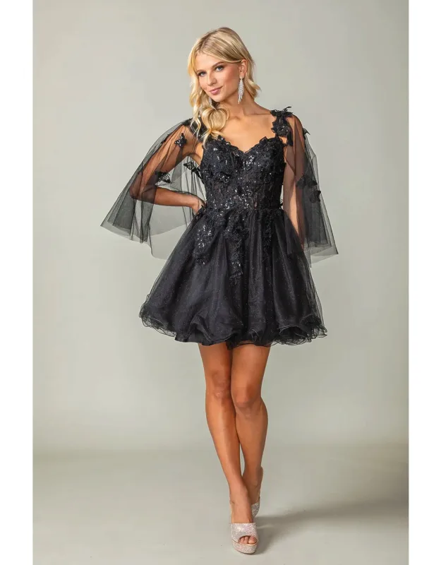 Floral Applique Sheer Sleeve Dress With Beaded Detailing And Tulle Skirt