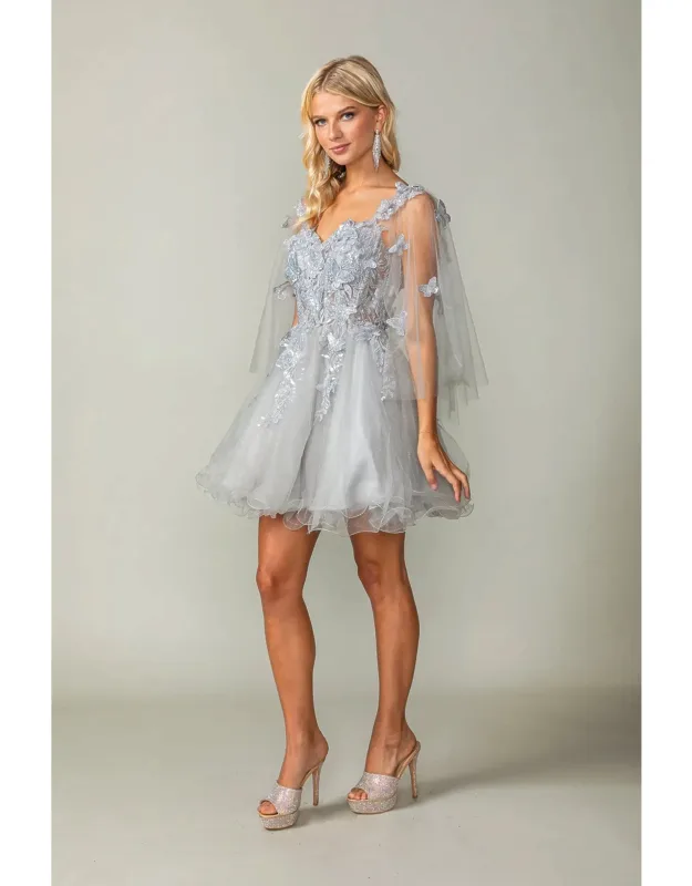Floral Applique Sheer Sleeve Dress With Beaded Detailing And Tulle Skirt