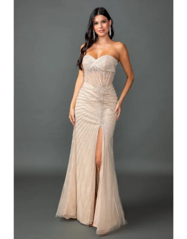 Strapless Beaded Mesh Prom Dress With Radiating Embellishments And Front Leg Slit