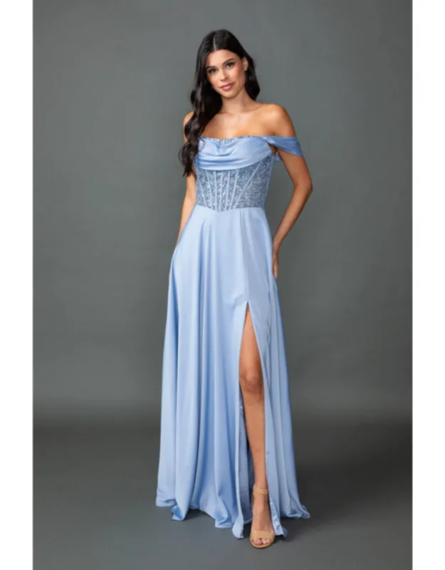 Off-the-shoulder Satin Prom Dress With Draped Cowl Neckline, Sheer Beaded Corset Bodice, And High Slit Skirt