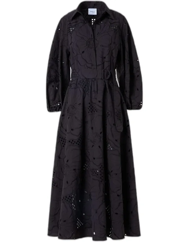 Flower Eyelet Embroidered Cotton Belted Balloon-sleeve Midi Shirtdress