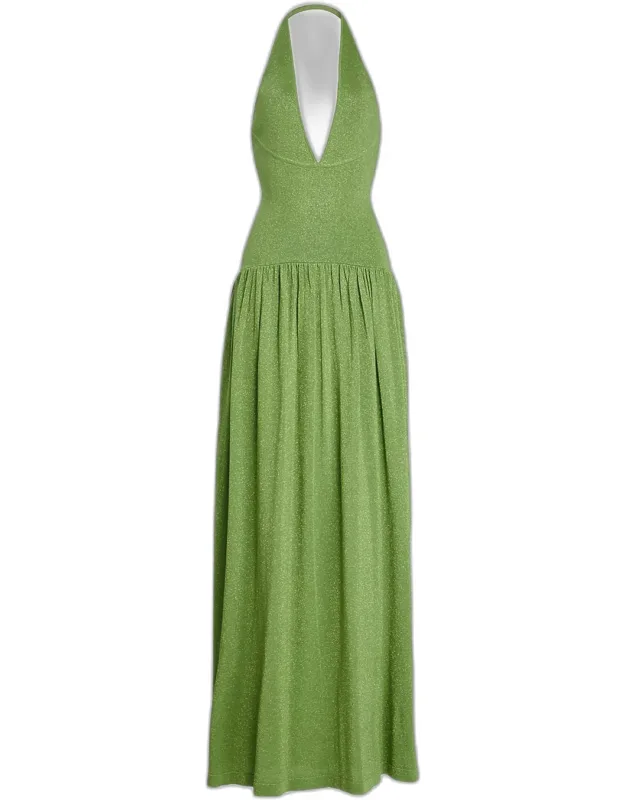 Metallic Knit Drop-waist Halter Dress