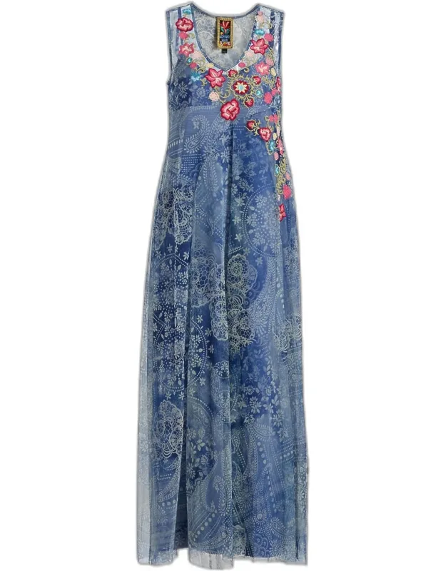 Embroidered Lace-print Mesh Maxi Dress