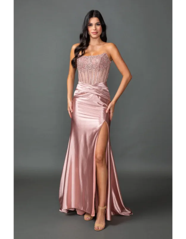 Strapless Embellished Corset Bodice Satin Prom Dress With Draped Waist And High Slit