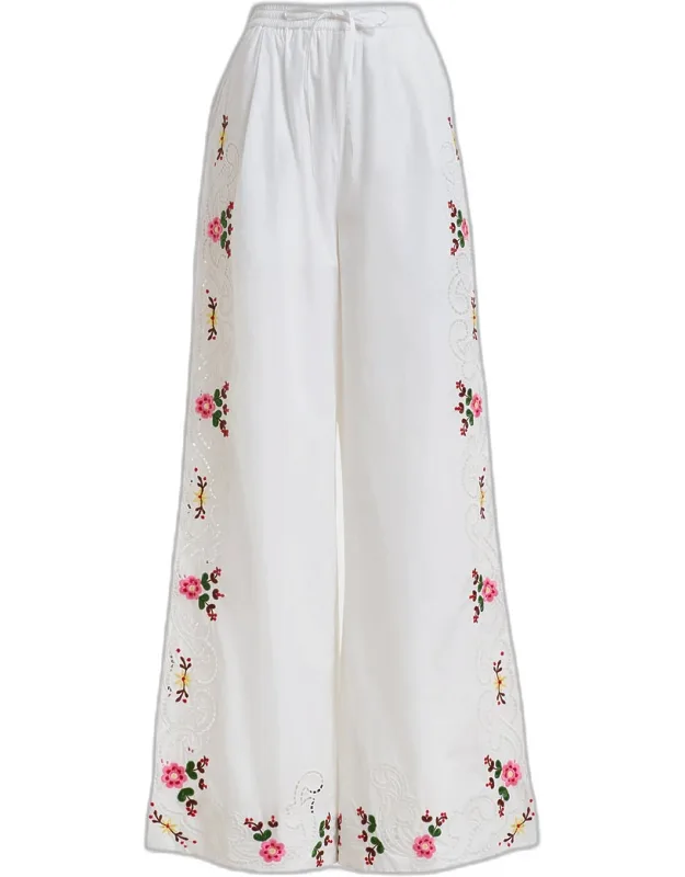 Embroidered Wide-leg Cotton Pants