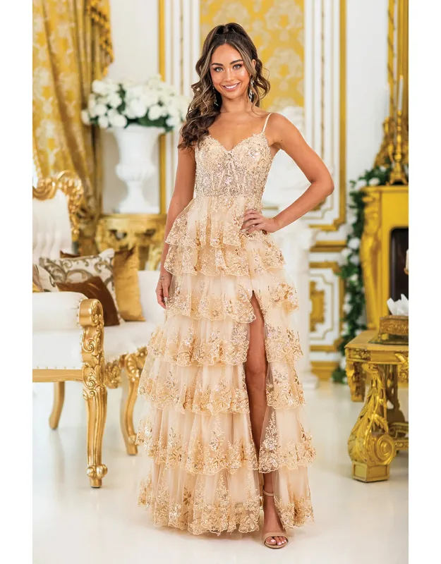 Tiered Prom Dress With Beaded Bodice And Side Slit