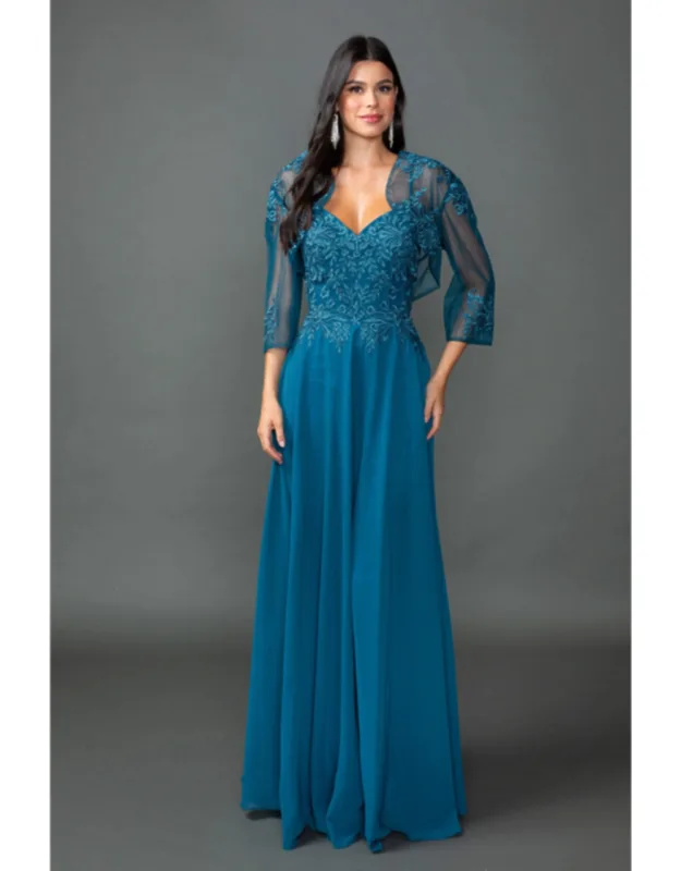 Sweetheart Chiffon Prom Dress With Embroidered Bodice, Sheer Three-quarter Sleeves, And Matching Bolero Jacket