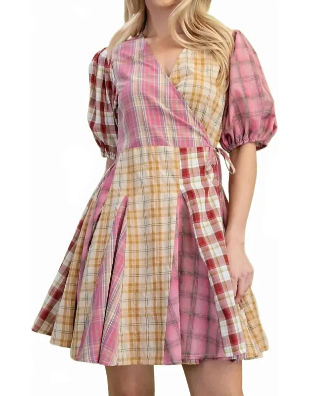 Mixed Check Print Wrap Mini Dress