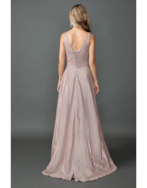 Sleeveless Glitter A-line Prom Dress With Ruched V-neck Bodice And Flowing Skirt